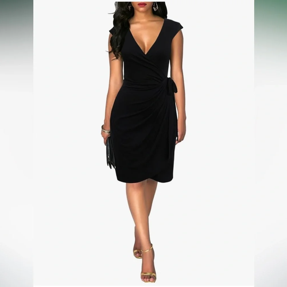 Elegant Black Wrap Midi Dress - Picture 3 of 7